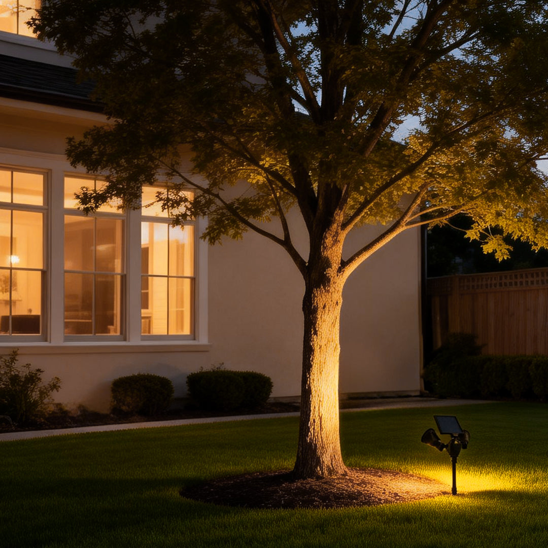 Garden spotlights solar powered providing soft illumination beside a modern house.