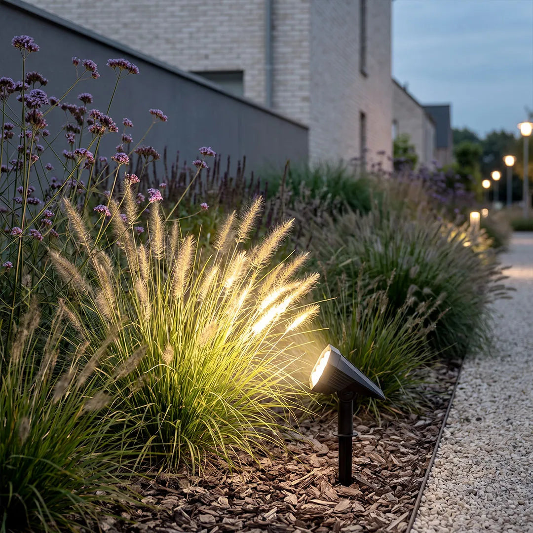 Garden stake solar lights highlighting grasses and flowers beside a modern exterior wall.