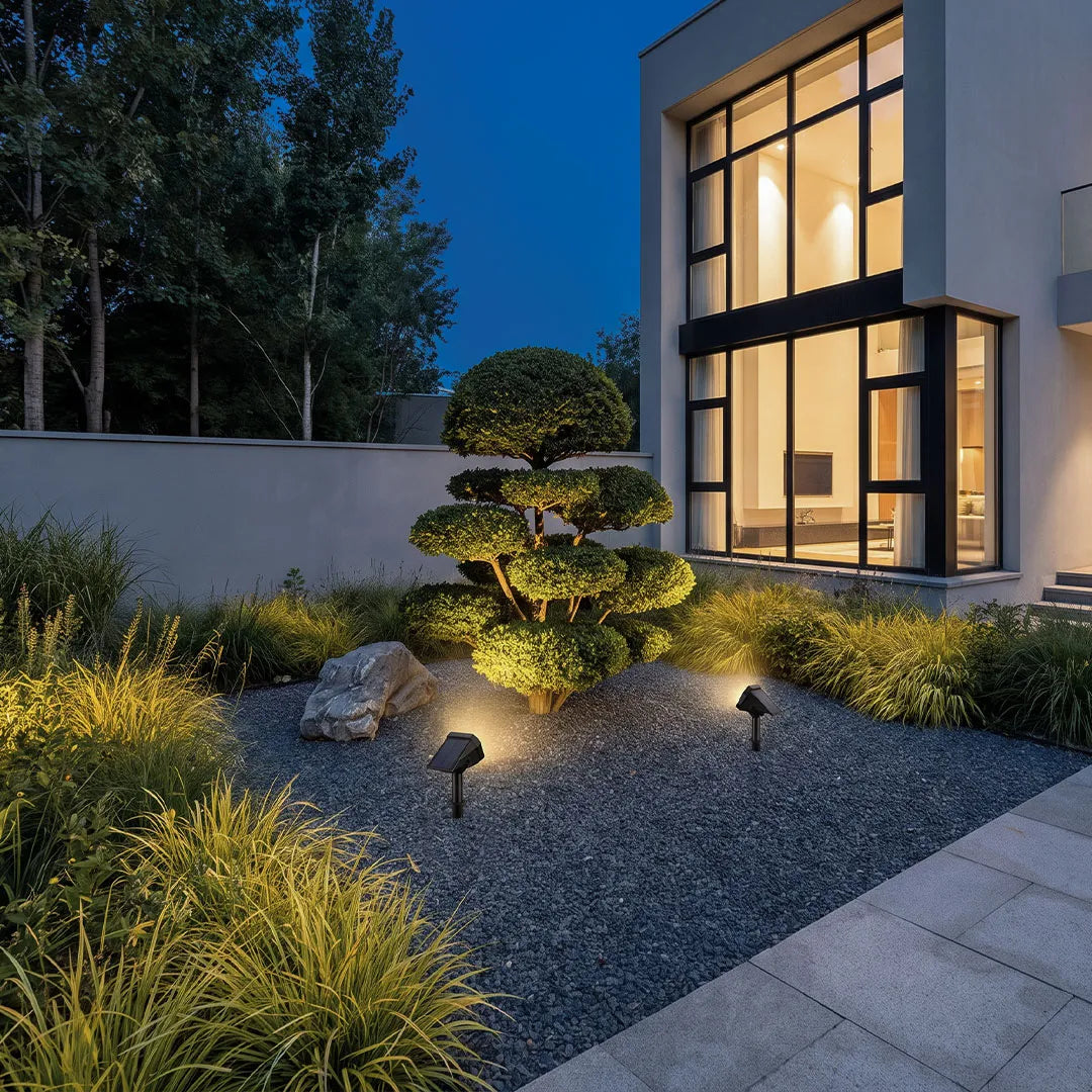 Garden stake solar lights illuminating trees and shrubs in a contemporary front yard.