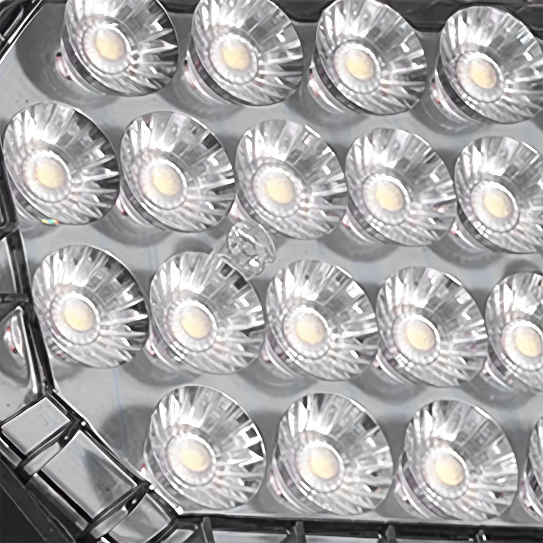 Close-up of garden stake solar lights showing the multi-lens LED array for focused illumination.