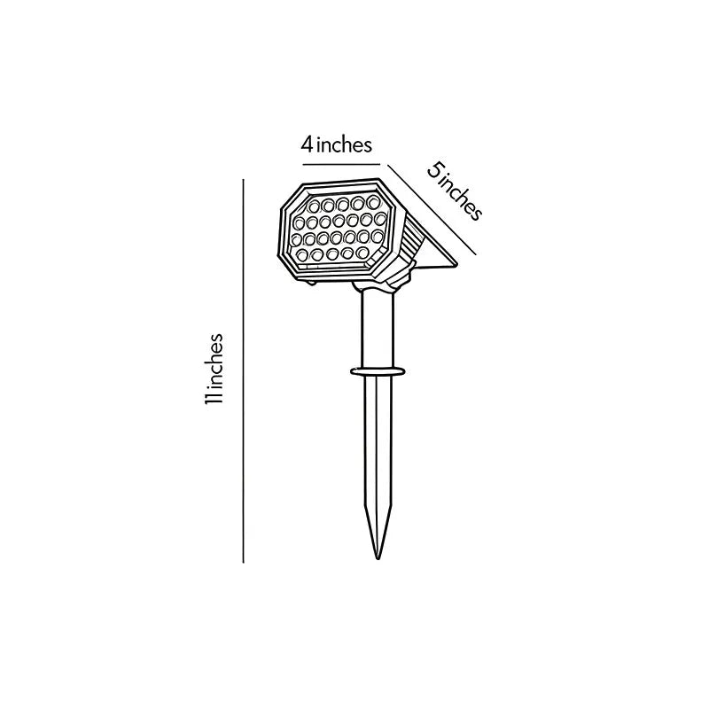 Garden stake solar lights dimensions drawing showing fixture height, light head size, and ground stake measurements.