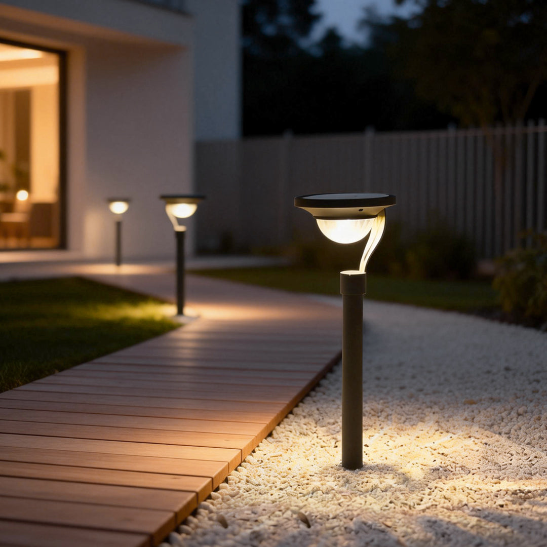 Garden stake solar lights providing subtle illumination along a wooden walkway.