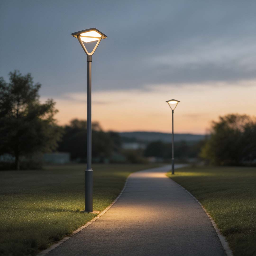 Garden street light illuminating a pathway in a park during sunset with warm glow.