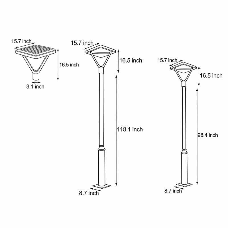 Technical diagram showing dimensions and structure of garden street light models.
