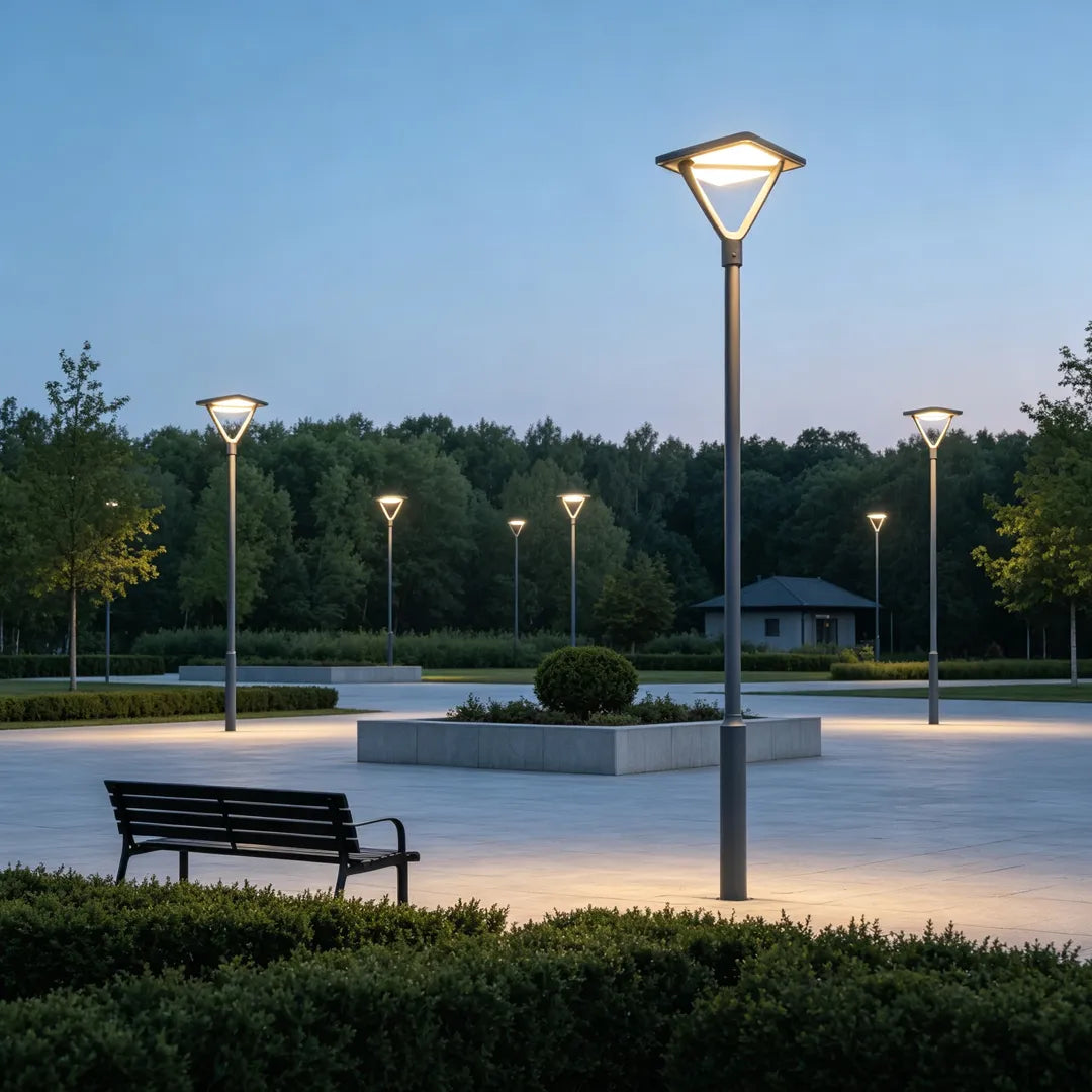 Garden street lights installed around an open plaza with benches and paved walkways.