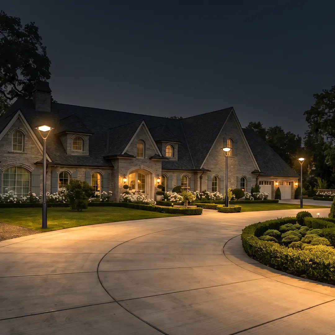 Garden street lights illuminating a curved residential driveway and landscaped entrance at night.