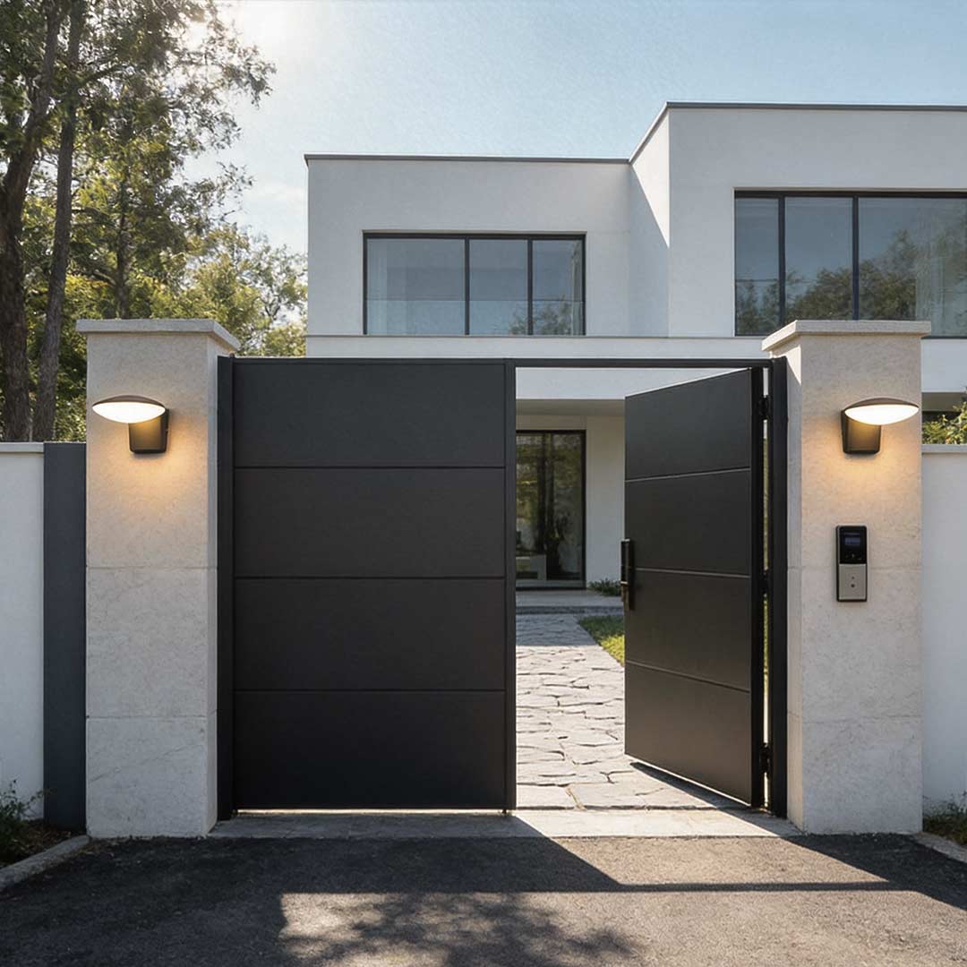 Garden wall lights enhancing a contemporary driveway gate with elegant ambient light.