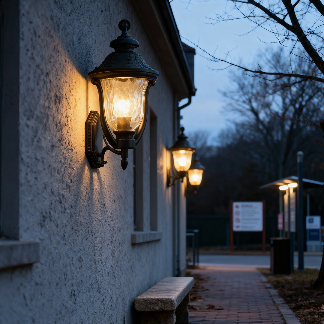 Outdoor wall light on a garden wall, elegant and functional exterior lighting