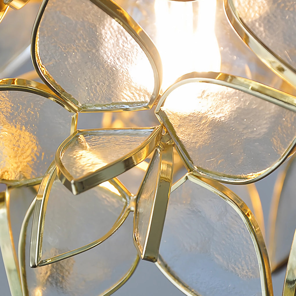 Gardenia pendant light with close-up of its floral design and light output.