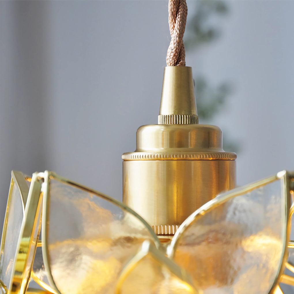 Gardenia pendant light with detailed view of its golden frame structure.