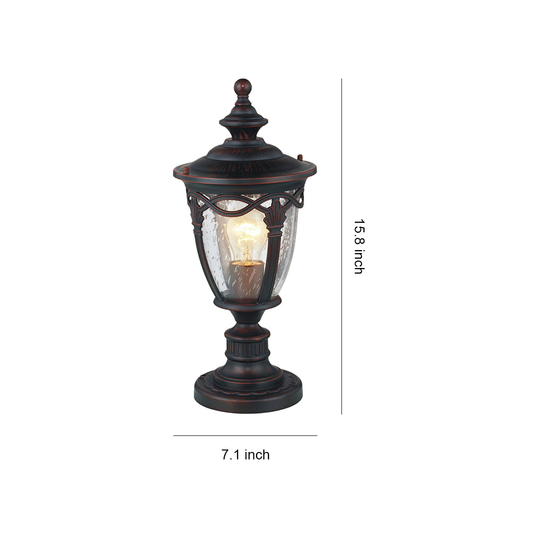 Gate pillar light with decorative urn design and amber glass in bronze finish, displayed with height measurement
