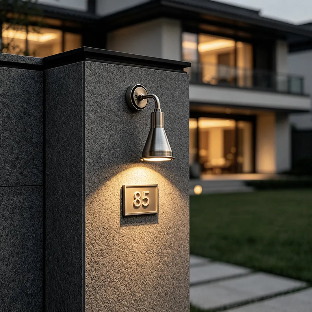 Wall sconces outdoor lighting installed on a gate pillar providing warm architectural lighting.