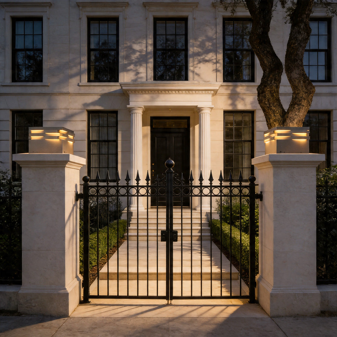 Gate post solar pillar light mounted on luxury entrance pillars with elegant warm evening lighting.