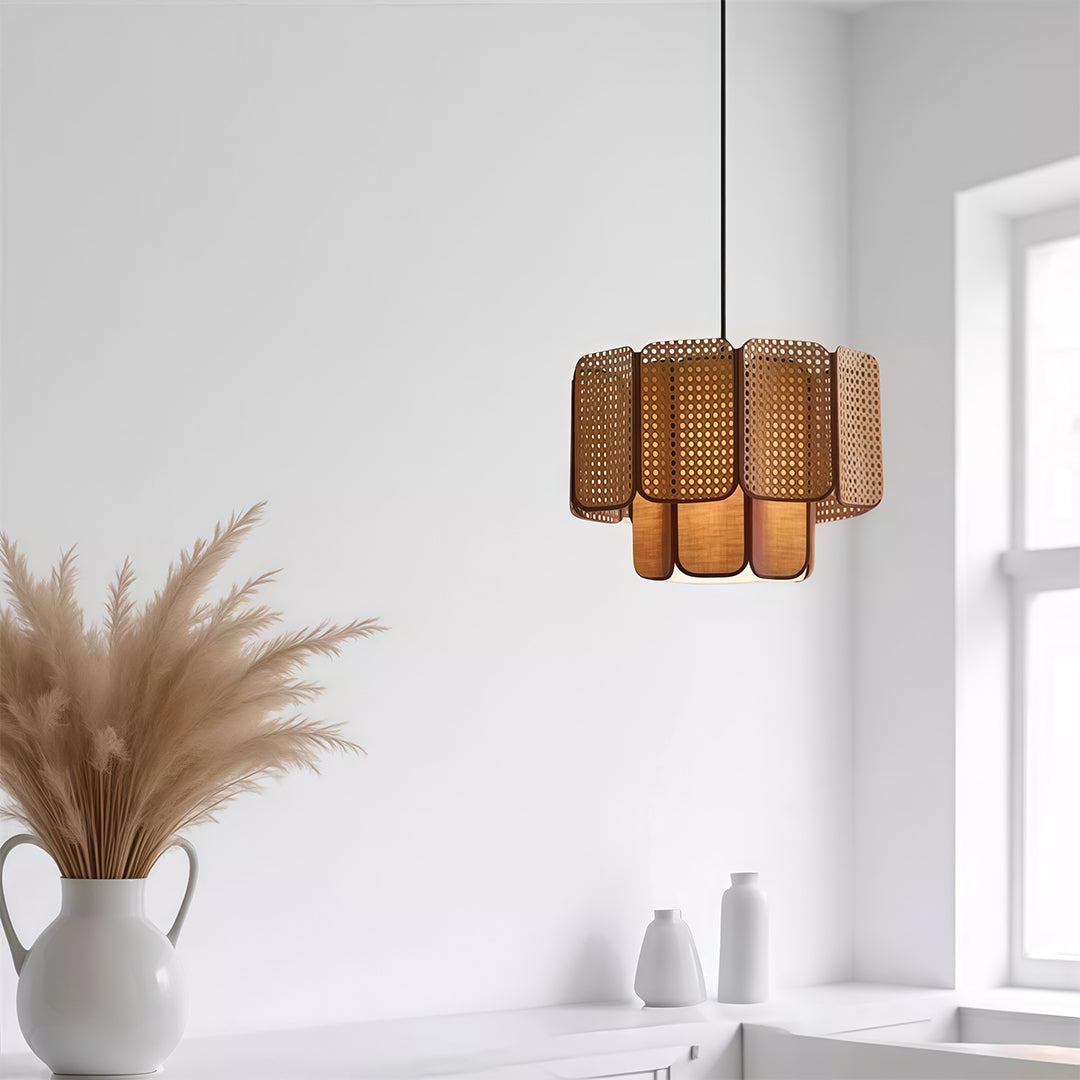 Bamboo pendant light with intricate geometric design, suspended in a modern living room for soft, warm illumination.
