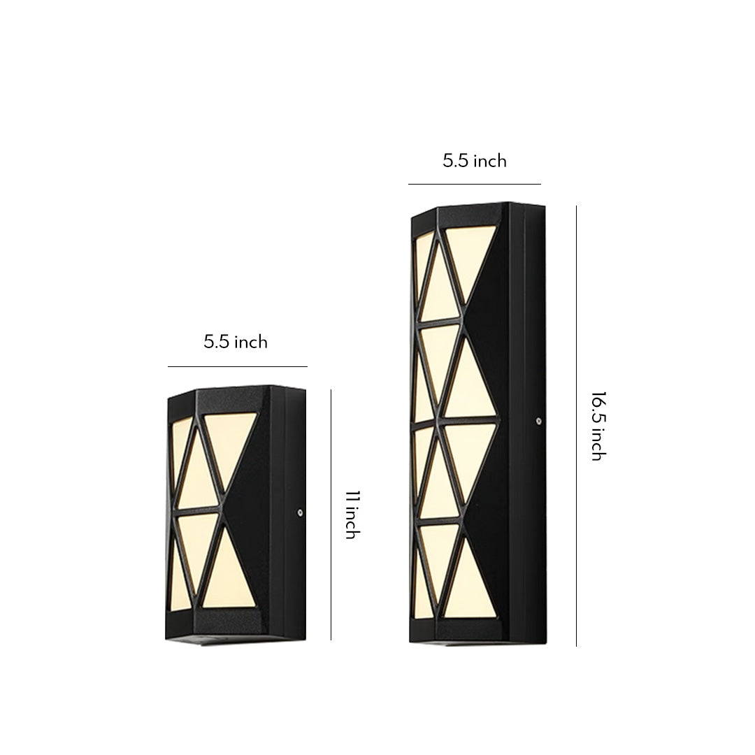 Geometric black frame outdoor wall sconces lighting fixture with warm interior glow against a white background.
