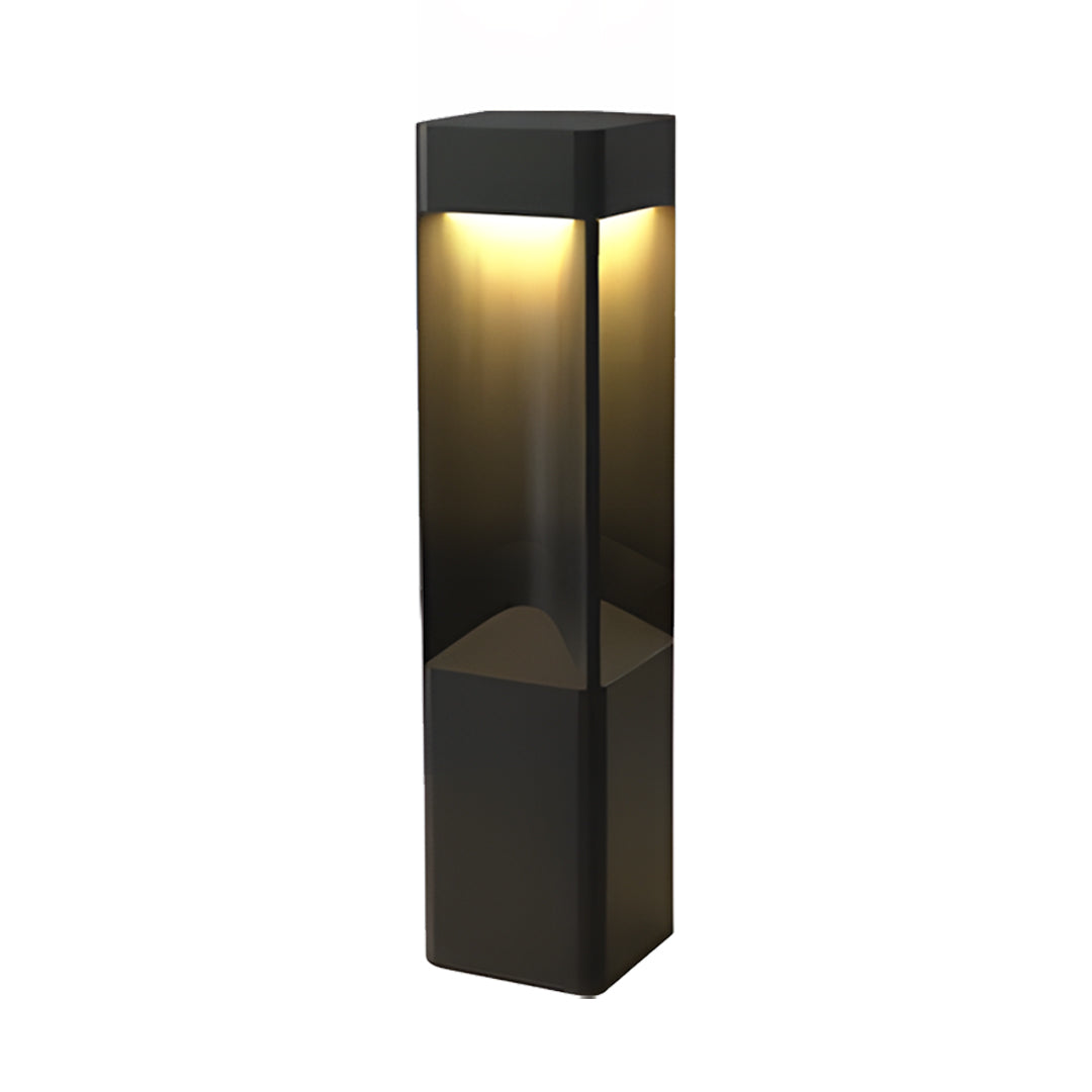 Tall geometric bollards lighting fixture with upward and downward glow in a dark matte finish.