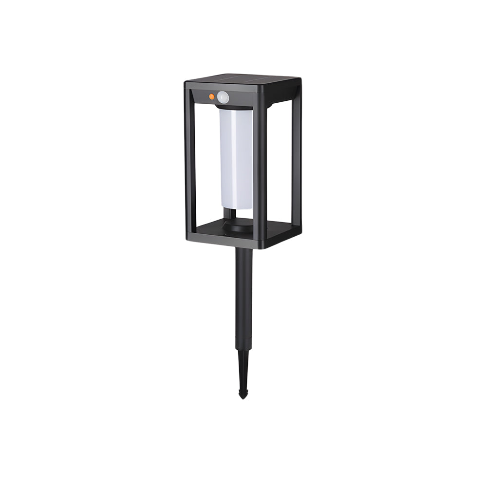 Modern outdoor lantern with geometric cage design and integrated ground stake for easy installation