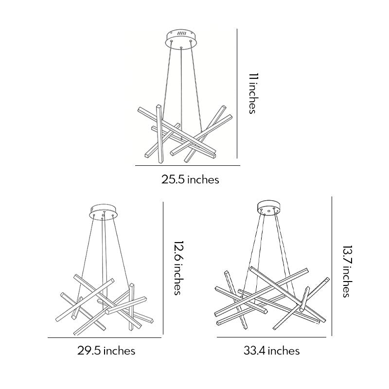 Technical dimension drawing of a geometric ceiling light, showing measurements, hanging height, and overall modern fixture proportions.