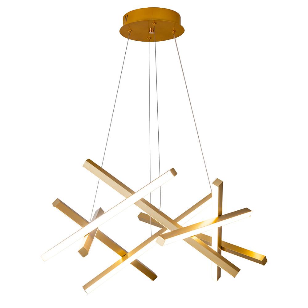 Gold geometric ceiling light with angular LED rods suspended from a round canopy, offering luxury modern lighting design.