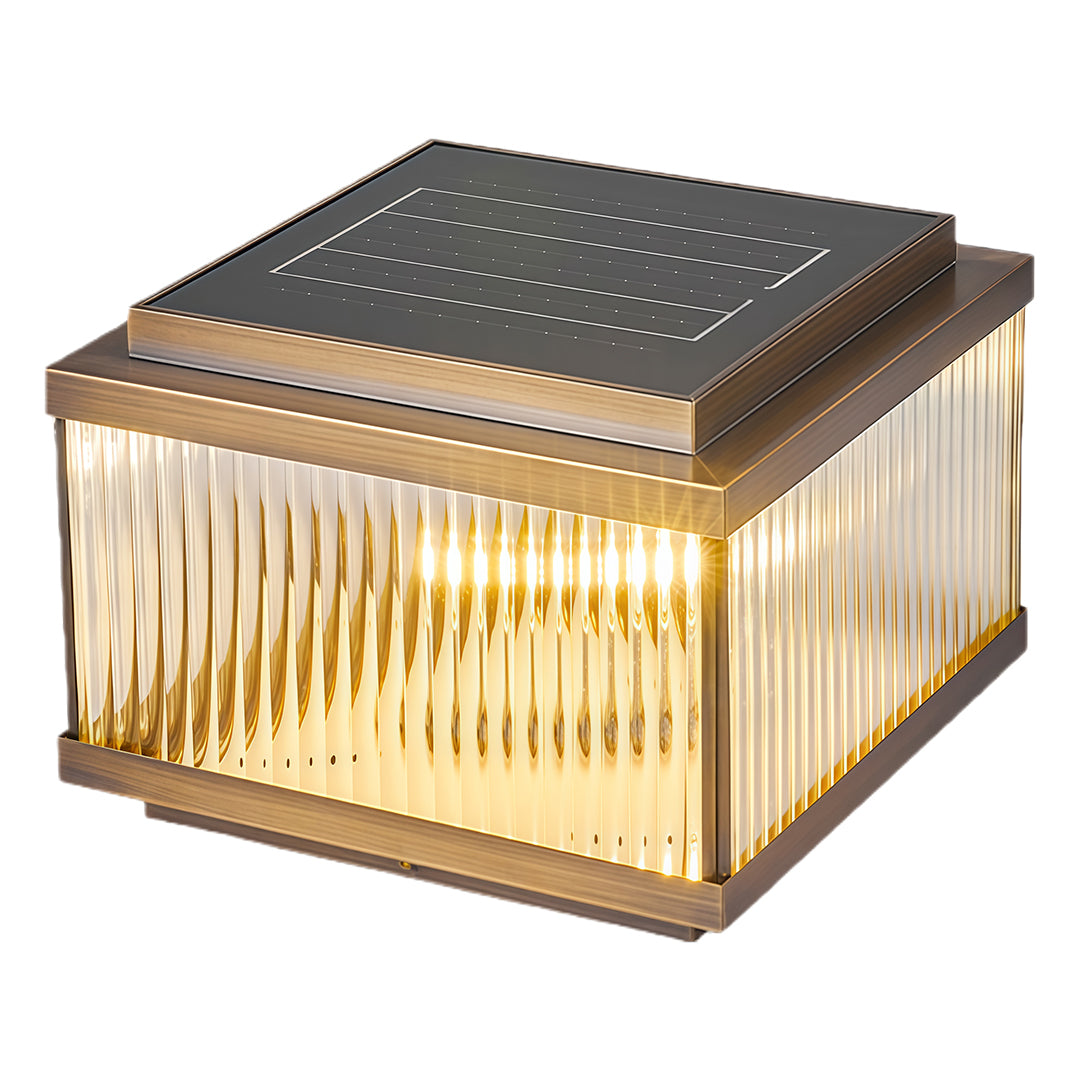 Contemporary square copper pillar light with geometric ribbed glass and sleek dark metal cap