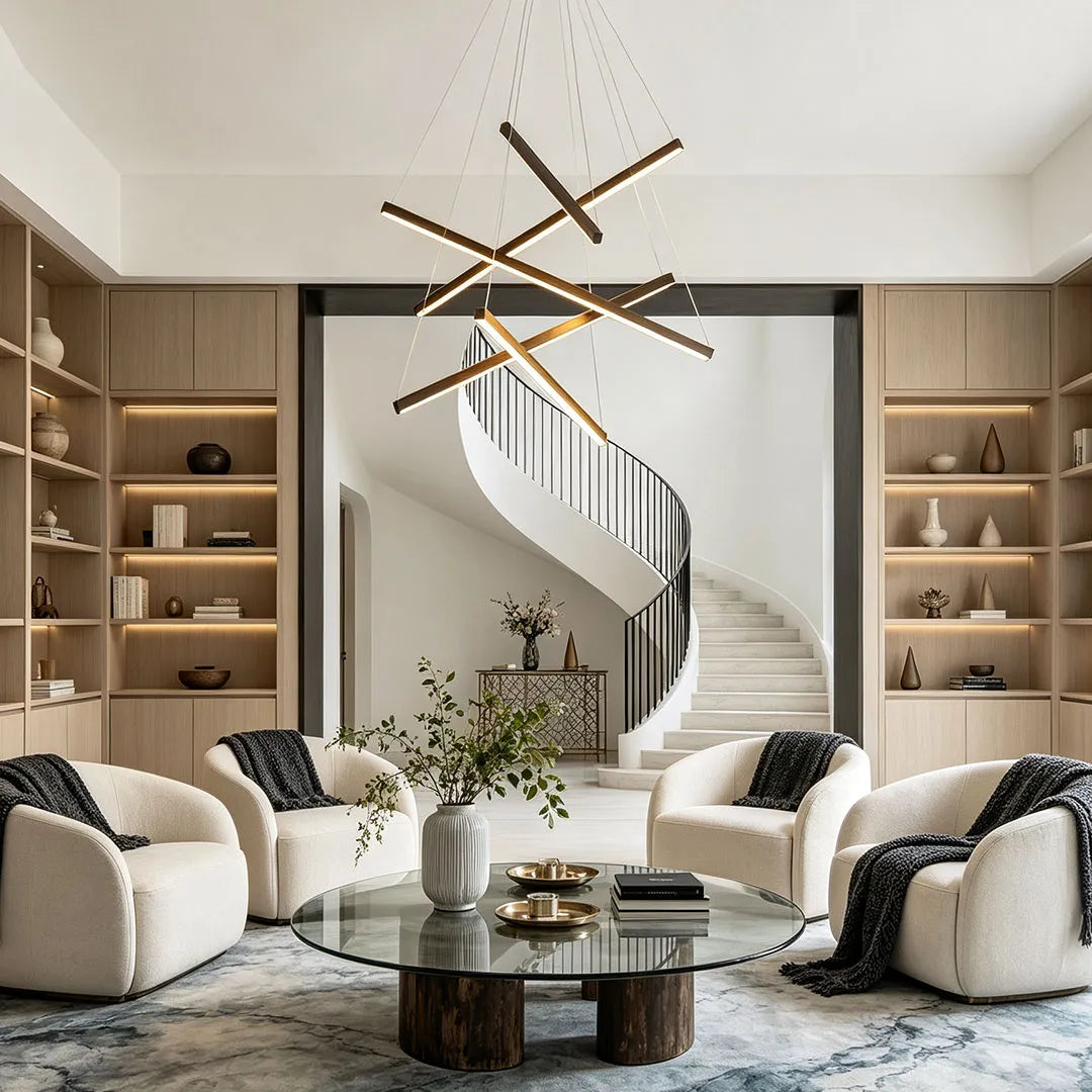 Criss linear chandelier adding artistic geometric lighting above a coffee table in a modern open living space.
