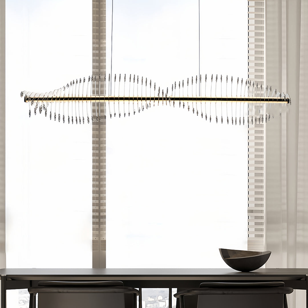 Designer spiral chandelier featuring geometric cross pattern with integrated crystal elements for modern interior spaces
