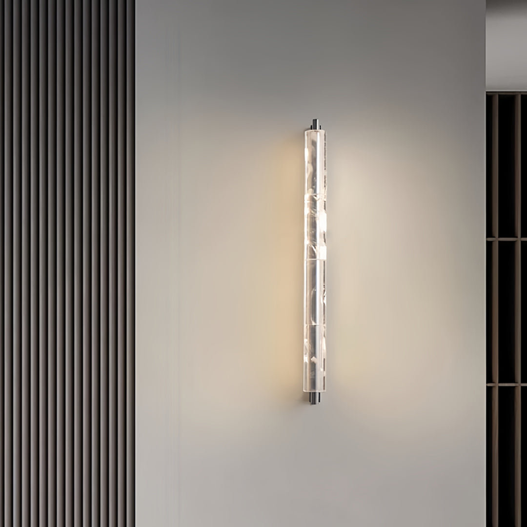 Stylish crystal pendant light featuring clean lines and geometric crystal form suspended in contemporary living space