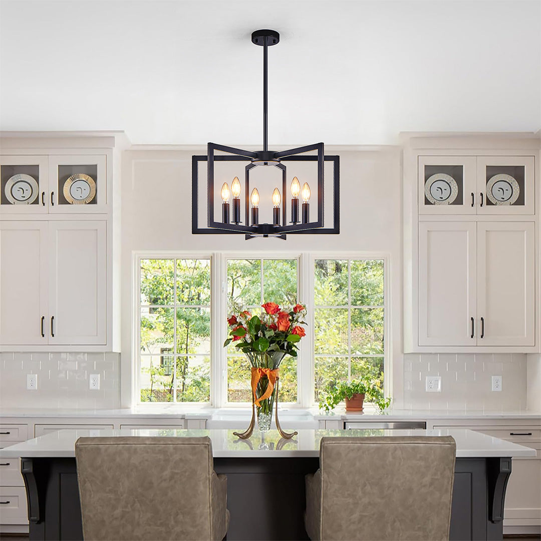 Geometric gold candle chandelier with open square frames, adding modern luxury to dining interiors.