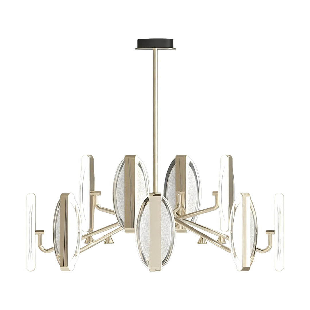 Geometric gold chandelier modern featuring angular branch structure with oval glass shades in champagne finish