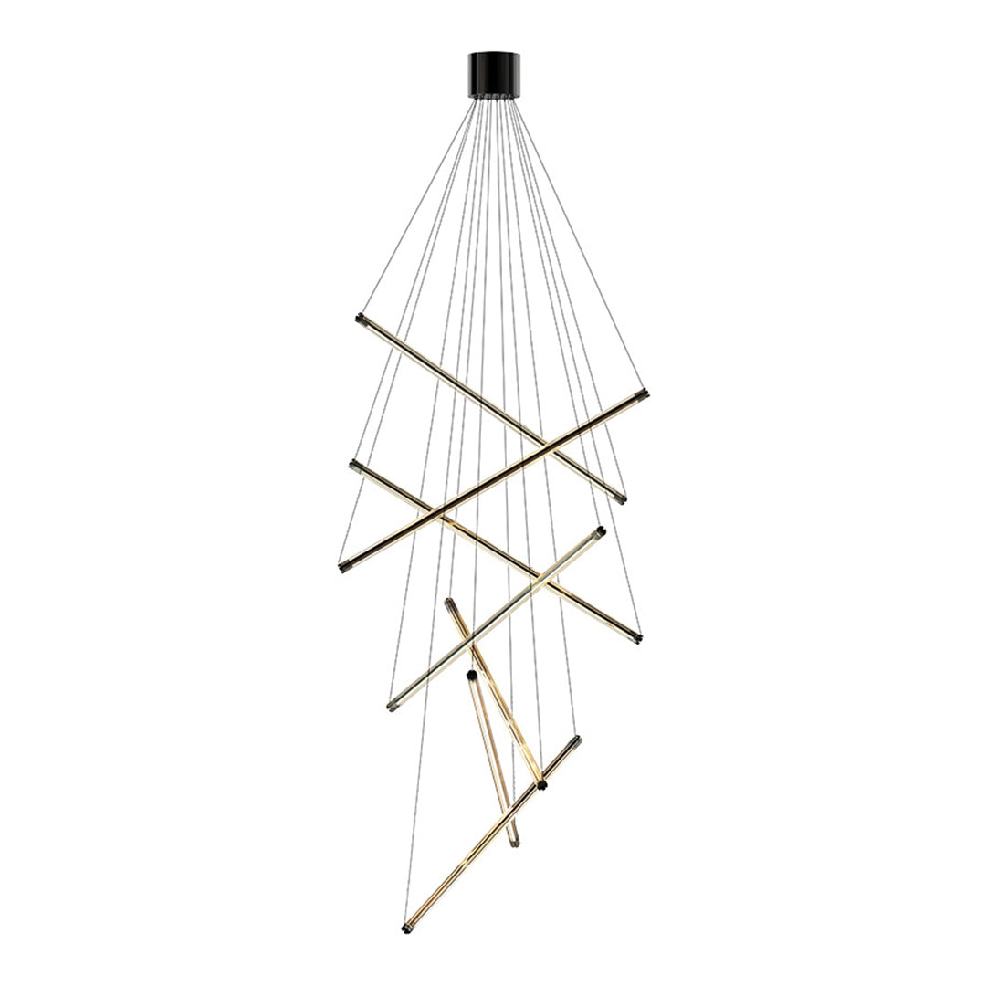 Modern LED linear chandelier with geometric profile creating focused task lighting over dining space