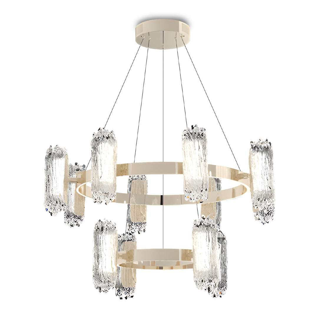 Geometric metal modern chandelier with open ring framework and crystal cylinder pendants in warm metallic finish