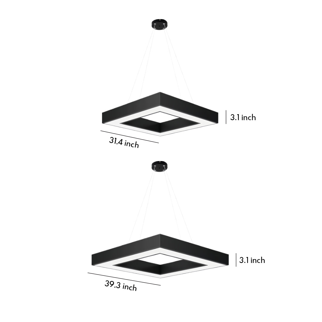 Modern black chandelier with geometric design, featuring clean lines and sharp angles for a sleek contemporary look.