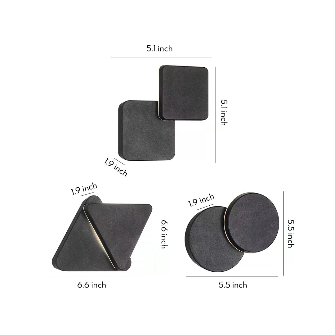 Set of three geometric outdoor lighting sconce designs displayed on a white background, featuring square, round, and triangular styles.