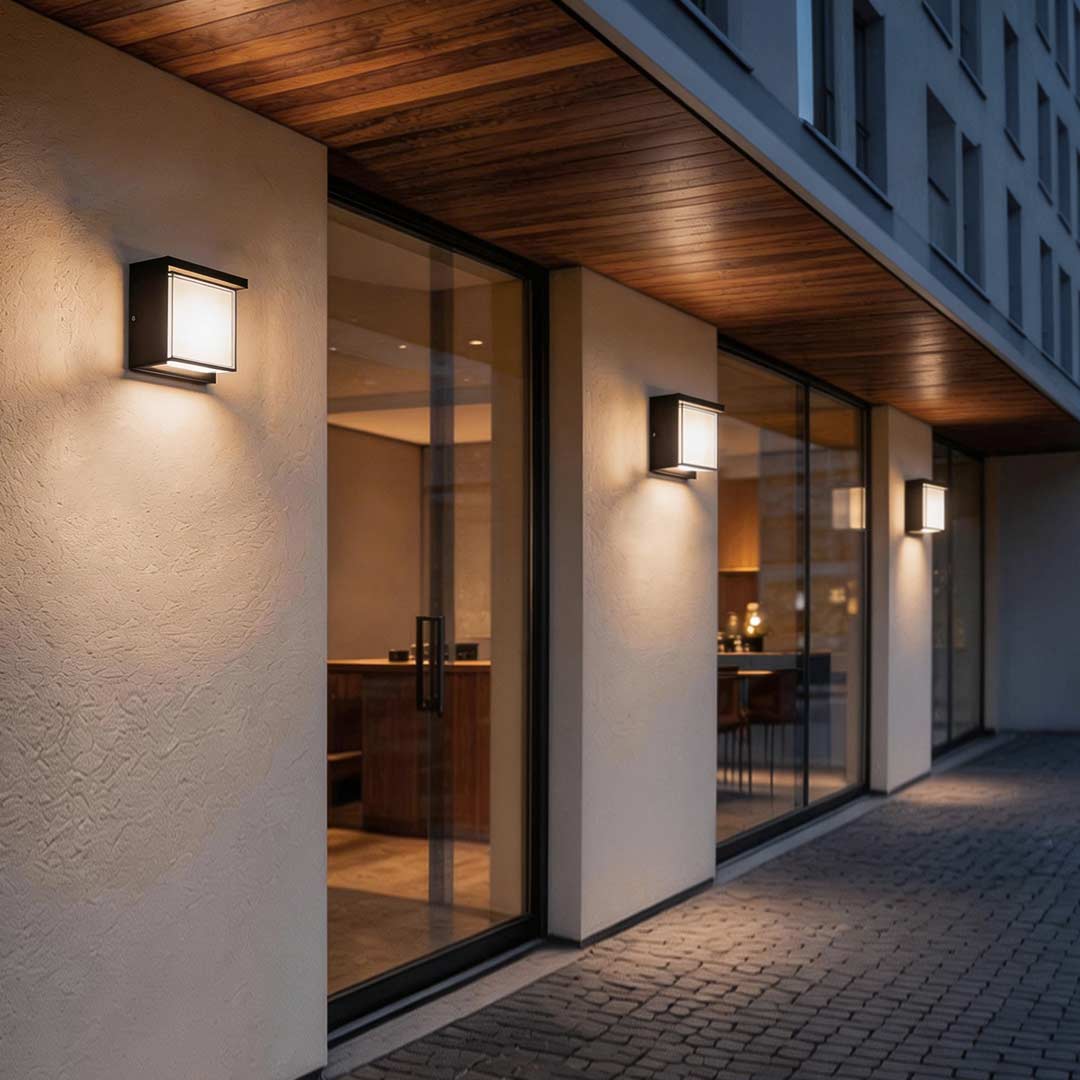 Geometric outdoor sconce illuminating a modern building entrance with sleek circular design.