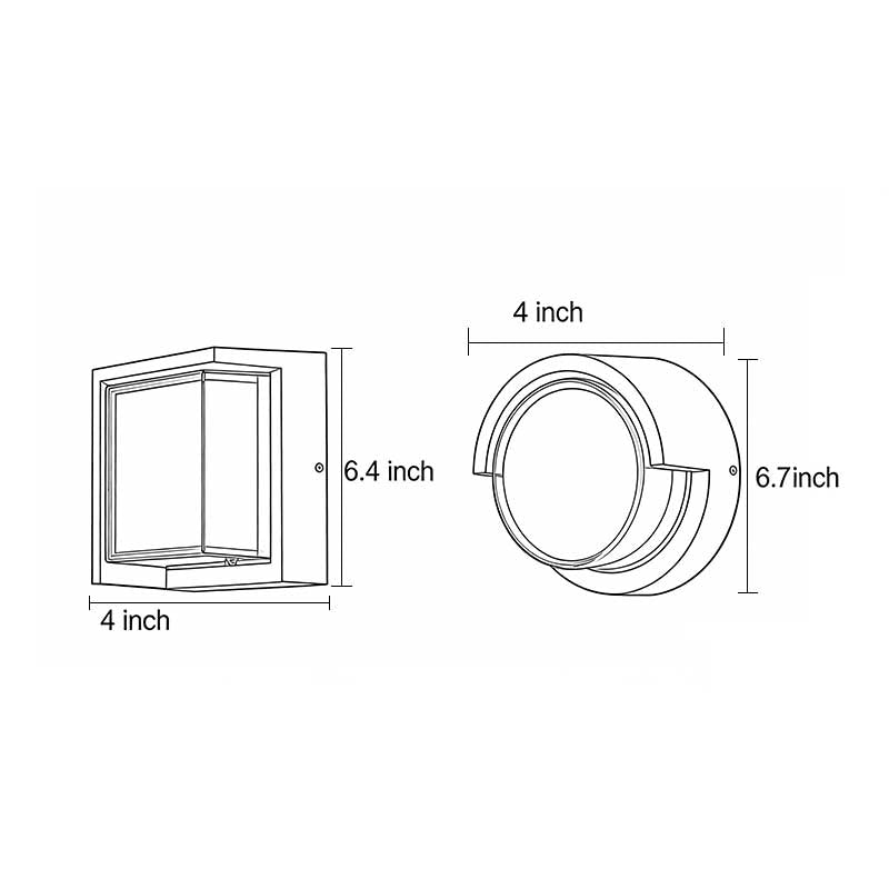 Technical diagram showing dimensions and structure of geometric outdoor sconce models.
