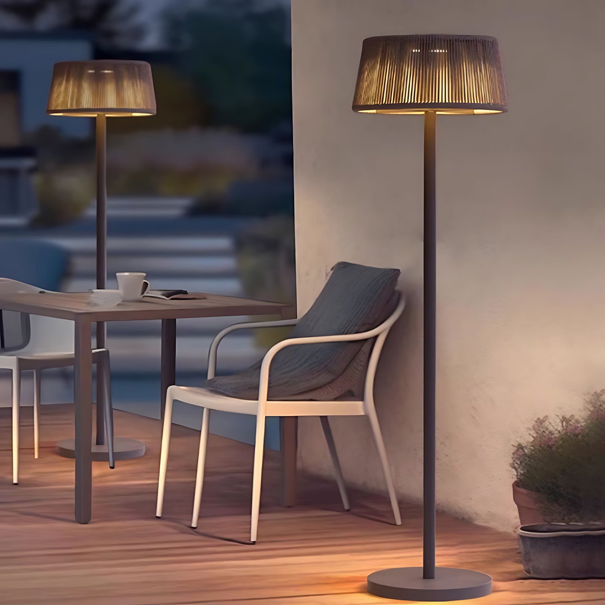 Silver Metal Table Lamp modern floor lamps with geometric patterned shades providing elegant lighting for outdoor dining area