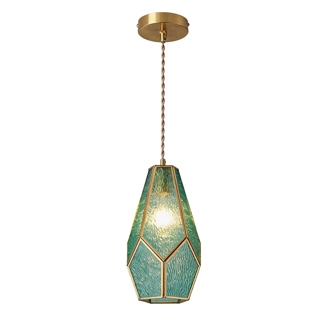Geometric pendant light with a blue glass shade and gold frame shown on white.
