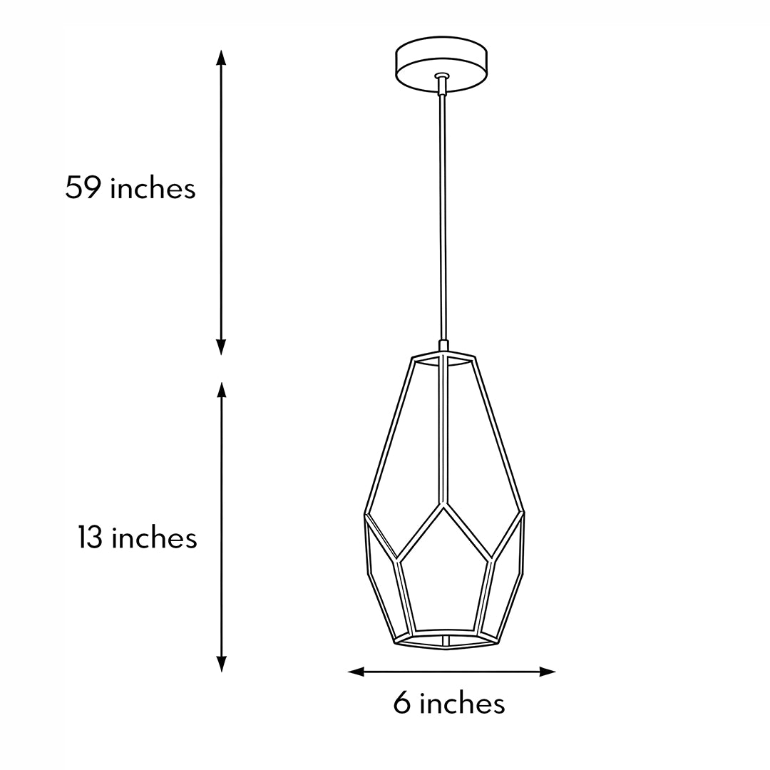 Dimension diagram of geometric pendant light showing a 6-inch width, 13-inch shade height, and 59-inch rod.