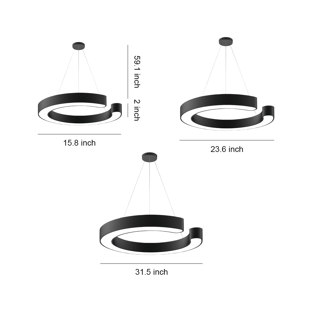 Technical specification diagram showing three sizes of geometric pendant light with circular ring design