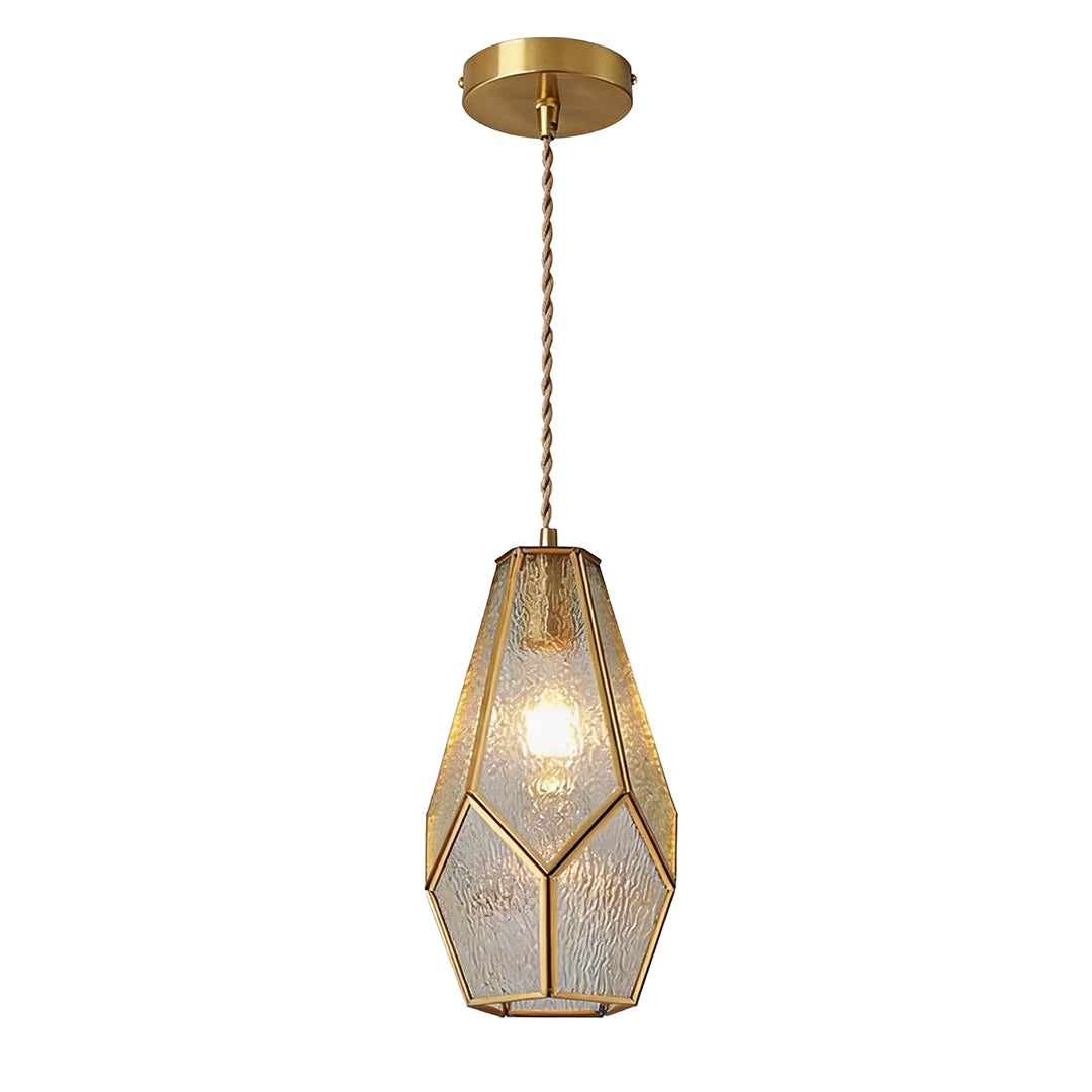 Geometric pendant light with a transparent frame and warm bulb shown on a white background.