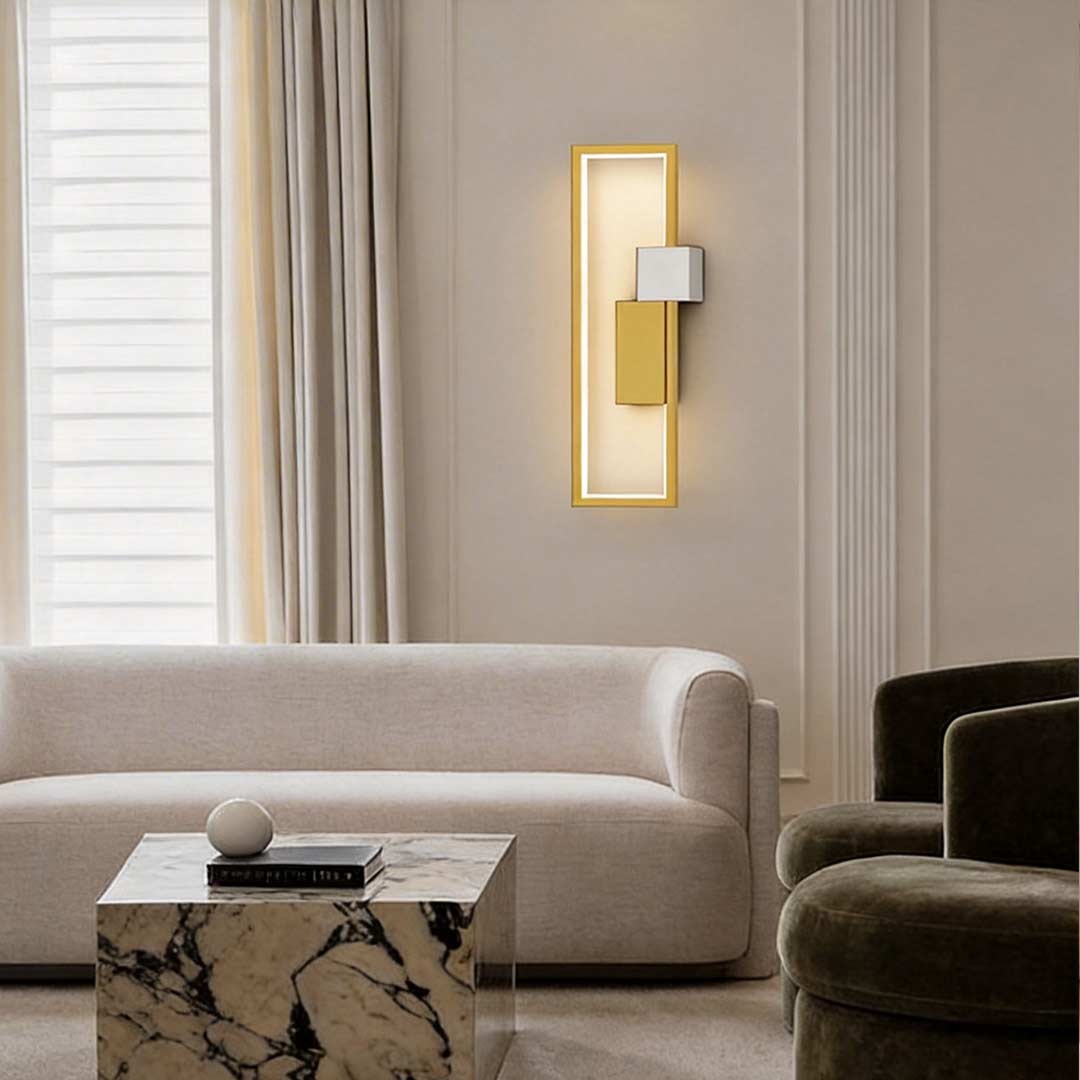 Geometric wall sconce light enhancing a contemporary living room with elegant directional light.