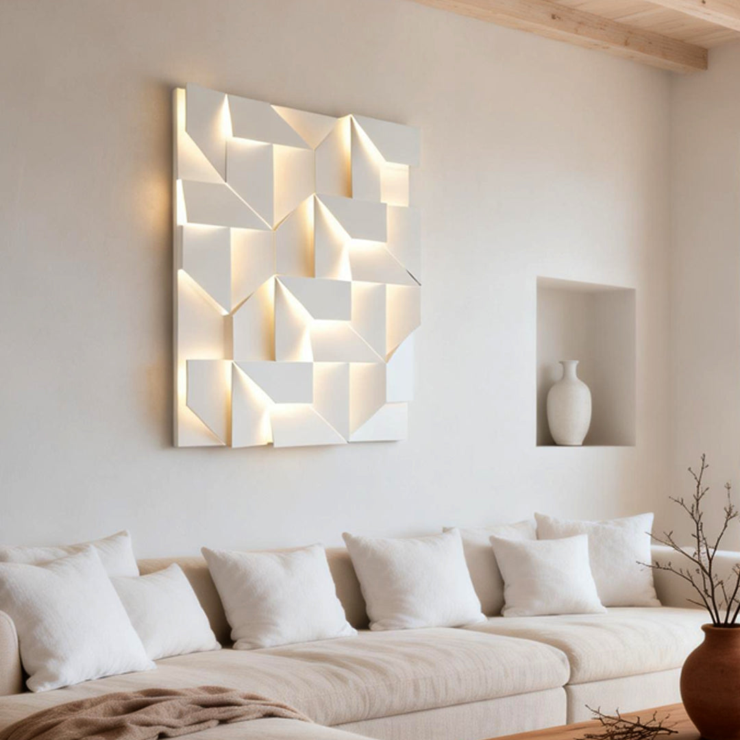 Geometric wall sconce light enhancing a contemporary living room with soft directional light.
