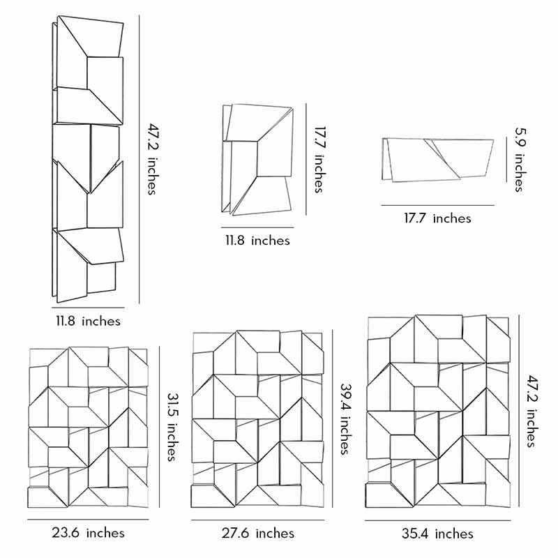 Technical diagram showing dimensions and structure of geometric wall sconce light models.