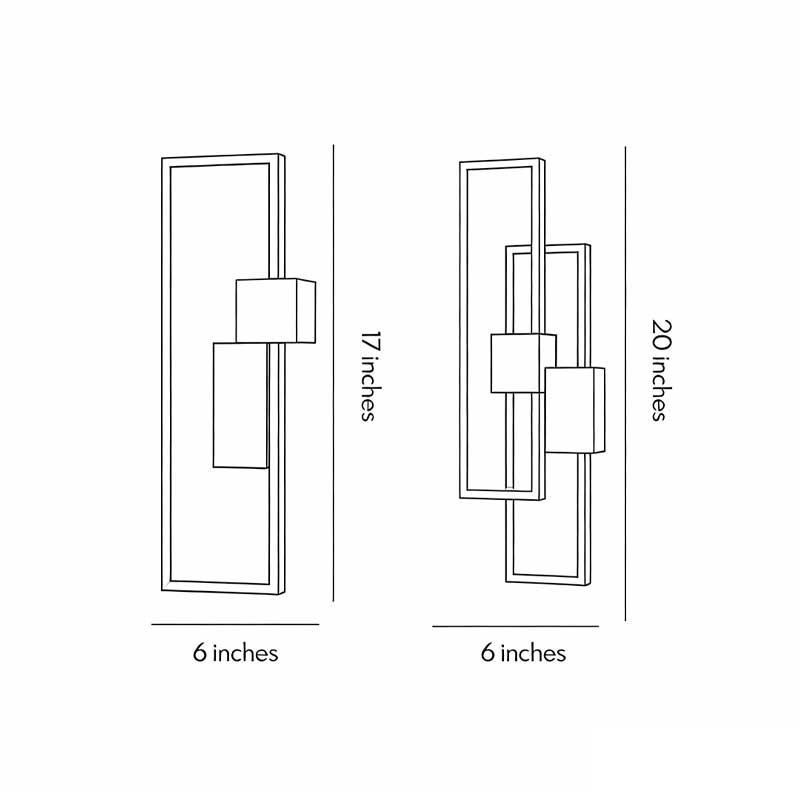 Technical diagram showing dimensions and structure of geometric wall sconce light models.