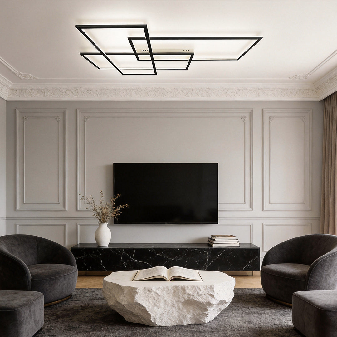 Geometric wall sconce illuminating a modern living room with sleek, ambient glow.