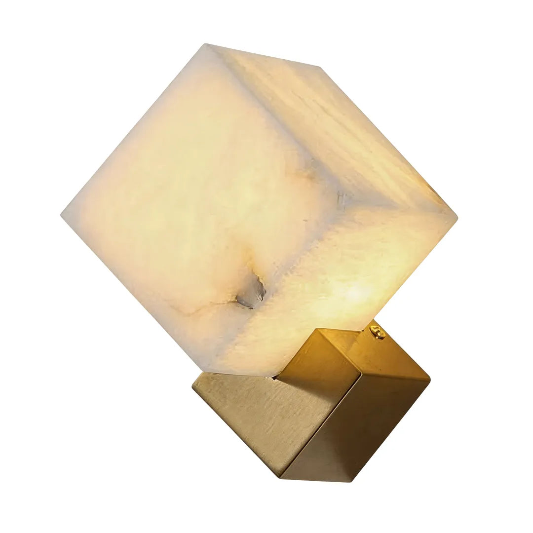 Geometric wall sconce product image showing a larger cube shade with warm illumination.