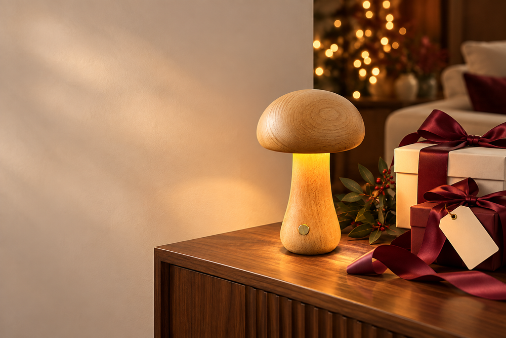 A wooden mushroom lamp with wrapped gifts