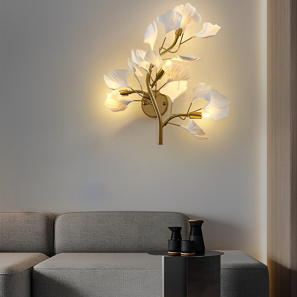 Ginkgo wall light with close-up of its ginkgo leaf design and light output.