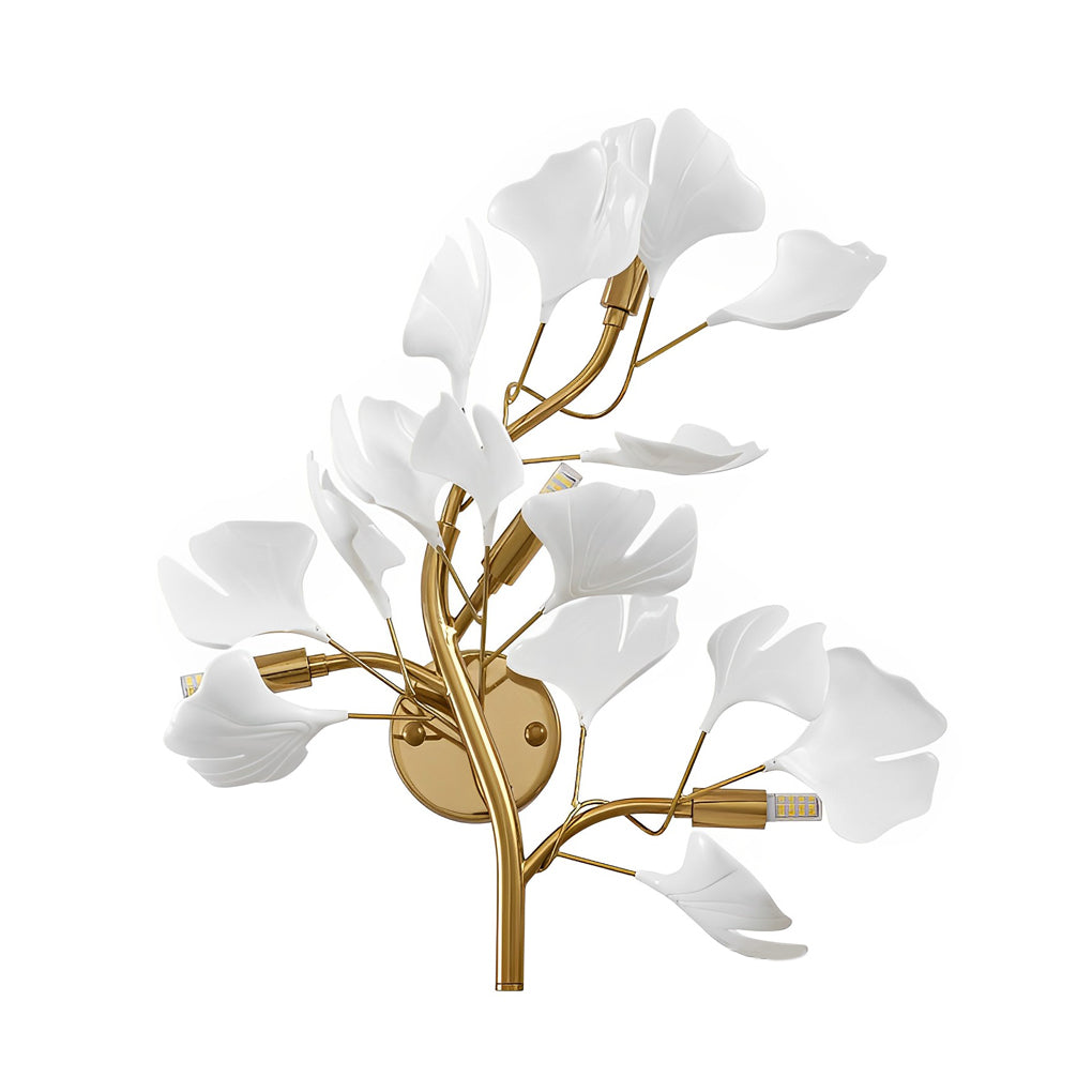 Ginkgo wall light with white leaves and golden frame in a modern setting.