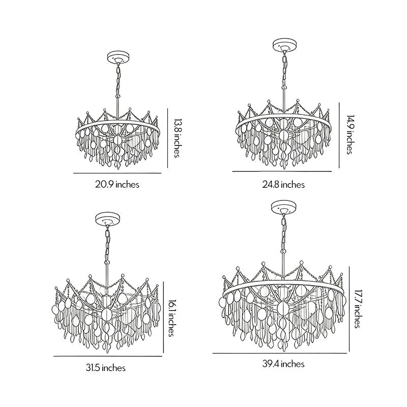 Glam chandelier dimensions drawing showing multiple size options and hanging heights.